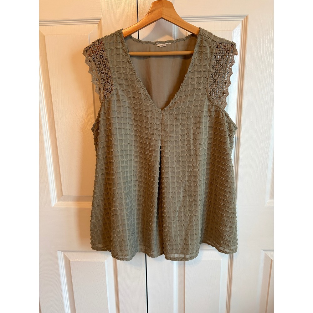 Olive Green Crochet Lace Studded V-Neck Sleeveless Blouse Textured Top